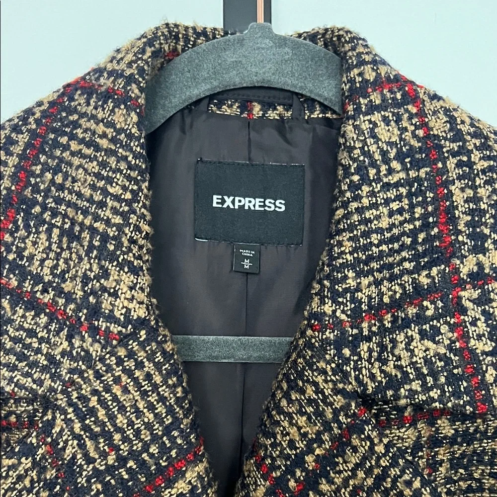Express Tan Red Navy Tweed Plaid Coat - Picture 5 of 12
